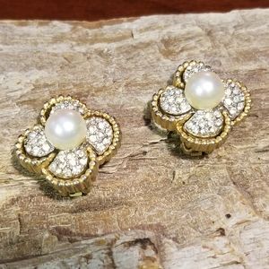 Vintage Marvella Pearl & Rhinestone Clip Earrings